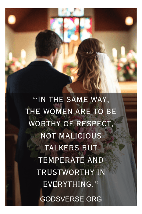 Los novios se sitúan ante el altar mientras una cita sobre el respeto y la confianza flota en el aire, haciéndose eco de la sabiduría de los versículos bíblicos sobre la esposa.