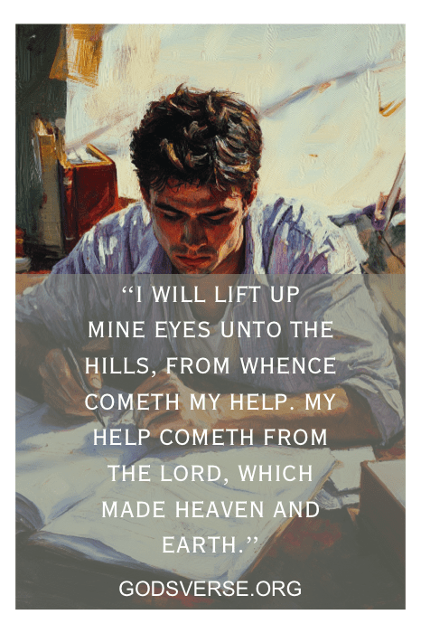 Uma pintura contemplativa de um homem lendo em uma escrivaninha, com a sobreposição do Salmo 121:1-2. Encontre consolo e força nos versículos bíblicos para ansiedade nas provas em GODSVERSE.ORG.