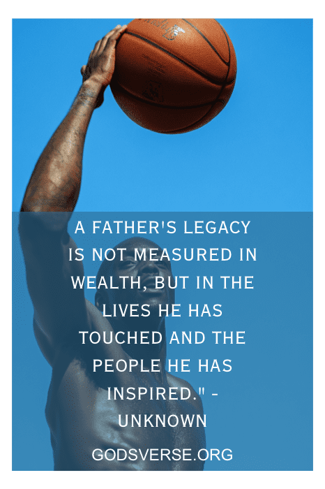 Silueta de una persona sosteniendo una pelota de baloncesto, con cita negra del día del padre sobre el legado de un padre superpuesta.