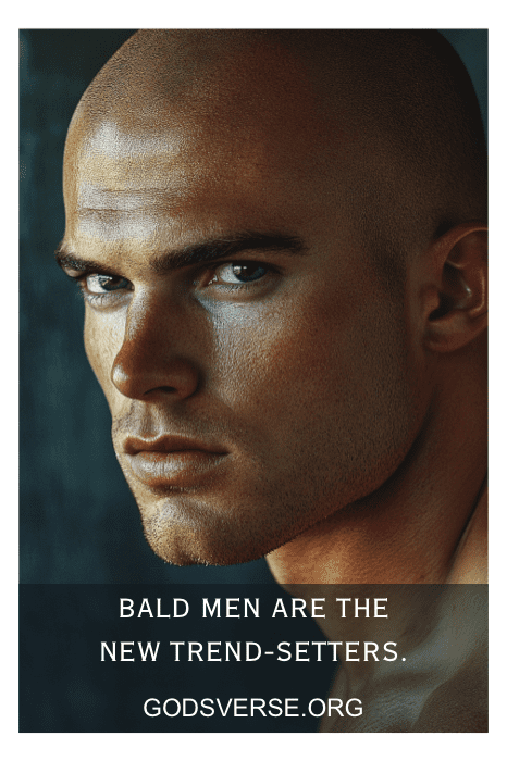 Primer plano de un hombre calvo con mirada intensa. El texto dice: "Los calvos son los nuevos creadores de tendencias. godsverse.org, donde las citas de hombres calvos inspiran confianza.