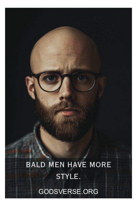 Un hombre calvo con gafas y barba se levanta con confianza, el texto proclama "Los calvos tienen más estilo". Descubre la sabiduría audaz en Godsverse.org.
