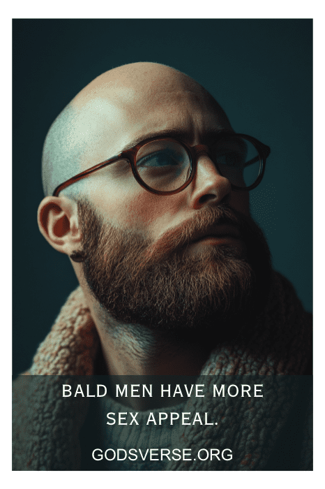 Hombre barbudo con gafas y abrigo. Texto: "Las citas de hombres calvos suelen resaltar su atractivo sexual". godsverse.org.