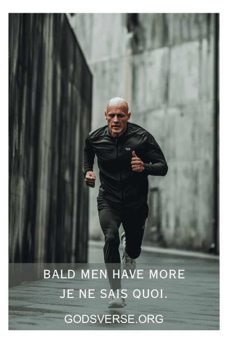 Hombre calvo en ropa deportiva corriendo por un entorno urbano, acompañado de citas inspiradoras de hombres calvos como texto motivacional superpuesto.