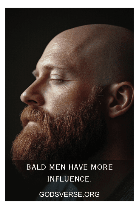 Perfil de un hombre barbudo con los ojos cerrados y texto: "Los hombres calvos, que encarnan la sabiduría y la influencia intemporales, inspiran nuestro viaje". Más información en GODSVERSE.ORG.