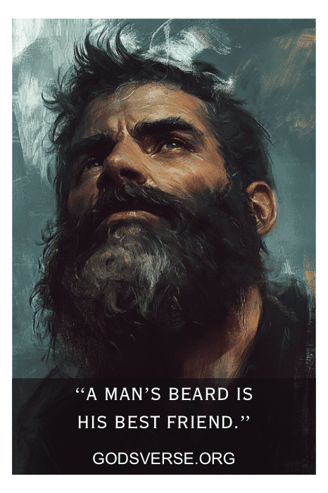 Un hombre con barba mira hacia arriba, con texto: "La barba de un hombre es su mejor amiga". #BeardedMenQuotes.