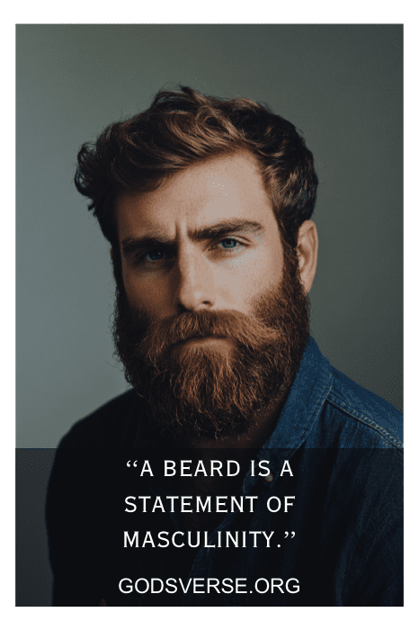 Hombre con barba espesa y camisa vaquera, acompañado de un texto que dice: "La barba es una declaración de masculinidad". Estas citas de hombres con barba captan la esencia de la elegancia ruda.