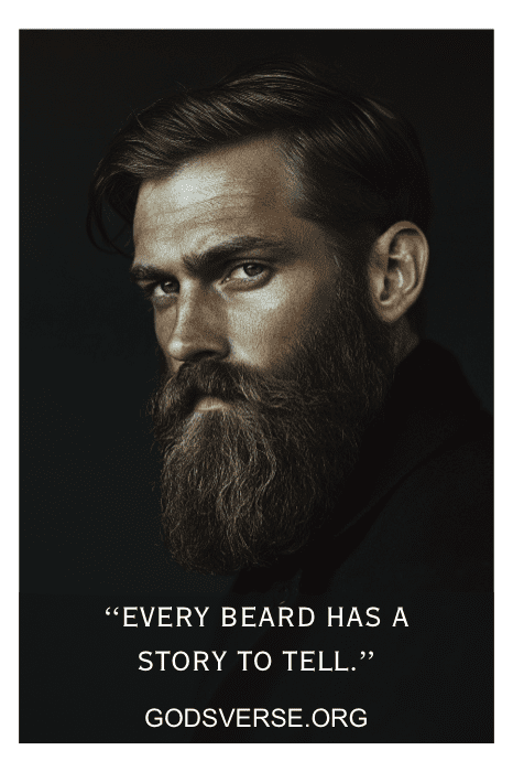 Hombre con barba poblada y expresión seria, cito: "Cada barba tiene una historia que contar". Explora más citas de hombres con barba en godsverse.org.