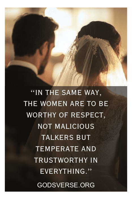 Una pareja en su boda, acompañada de una cita de godsverse.org sobre las mujeres respetuosas y dignas de confianza, que se hace eco de citas bíblicas intemporales sobre las esposas.