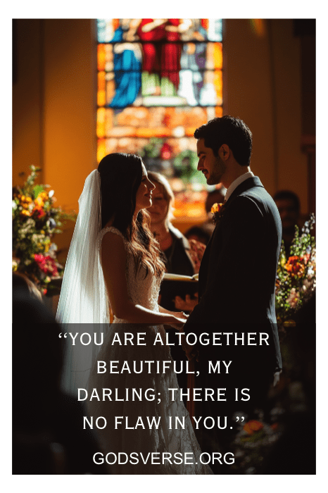 Los novios se encuentran frente a frente en una iglesia, con una radiante vidriera iluminando su amor. Mientras intercambian votos, las palabras de las citas bíblicas sobre la esposa resuenan suavemente, bendiciendo su unión con sabiduría y gracia atemporales.