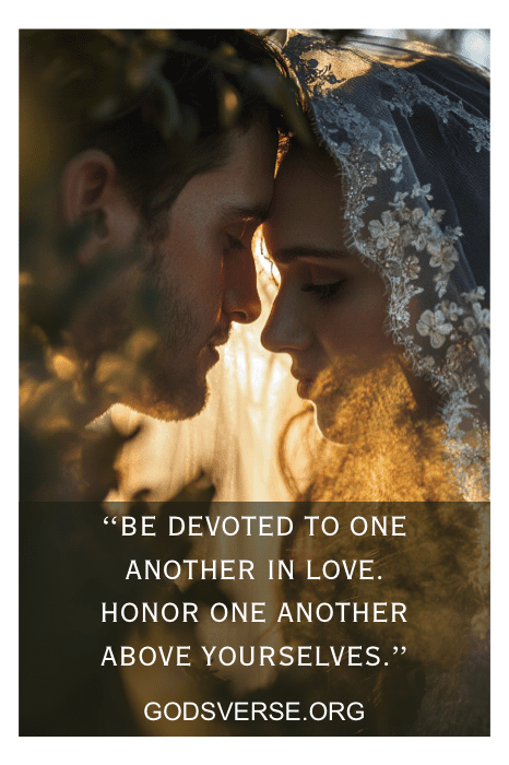Una pareja se toca la frente, envuelta en una suave luz, con un texto sobre devoción y amor inspirado en Versículos Bíblicos para Esposas en Godsverse.org.