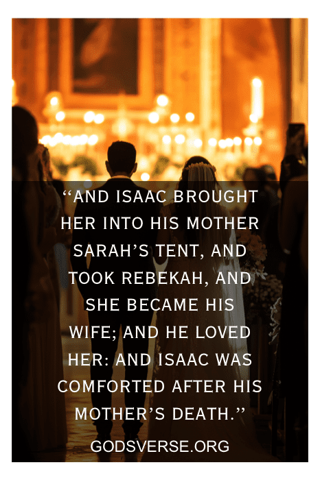 Un versículo bíblico sobre el amor y el matrimonio en el que aparecen Isaac y Rebeca se superpone a la imagen del interior de una iglesia por la noche.