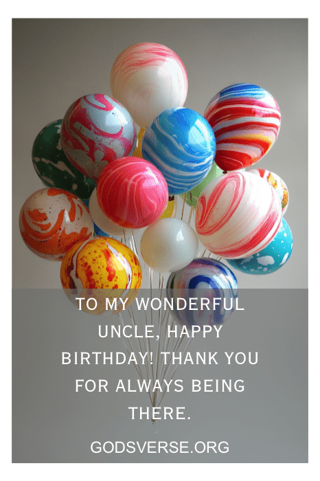 Balões de mármore coloridos com uma mensagem de aniversário para um tio de Godsverse.org, com citações de aniversário sinceras para homens.