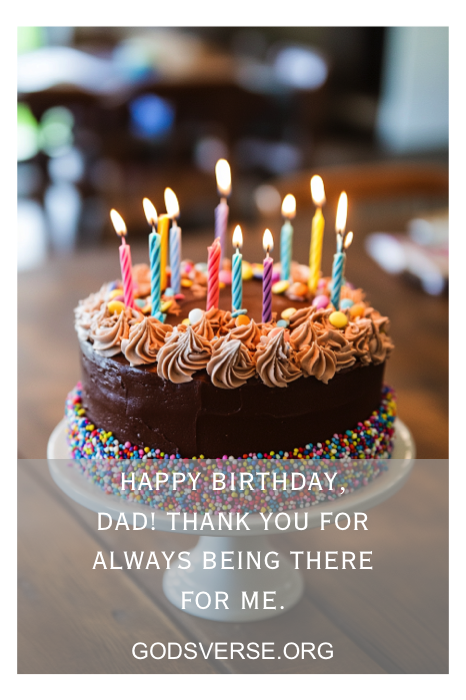 Um bolo de chocolate com velas coloridas no topo, rodeado por granulados, prepara o cenário. O texto diz: "Feliz aniversário, papai! Que este ano lhe traga alegria e risadas". Uma peça perfeita de comemoração inspirada por citações de aniversário sinceras para homens.