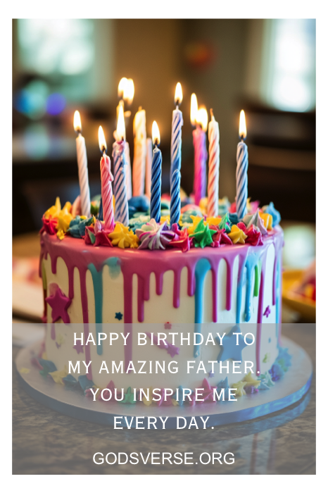 Um bolo de aniversário colorido adornado com velas brilhantes e uma mensagem sincera para um pai, capturando a essência de citações sinceras de aniversário para homens.