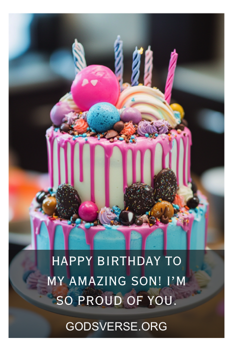 Um bolo de aniversário vibrante com a mensagem: "Feliz aniversário para meu filho incrível! Estou muito orgulhoso de você". Comemore esse dia especial com citações de aniversário sinceras para homens em godsverse.org.