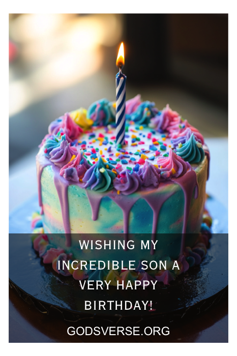 Um bolo de aniversário colorido com uma vela acesa e citações de aniversário sinceras para homens, desejando a um filho um feliz aniversário do GodsVerse.org.