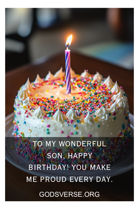 Um bolo de aniversário com uma única vela e granulados coloridos, complementado por uma mensagem sincera que ecoa citações populares de aniversário para homens.