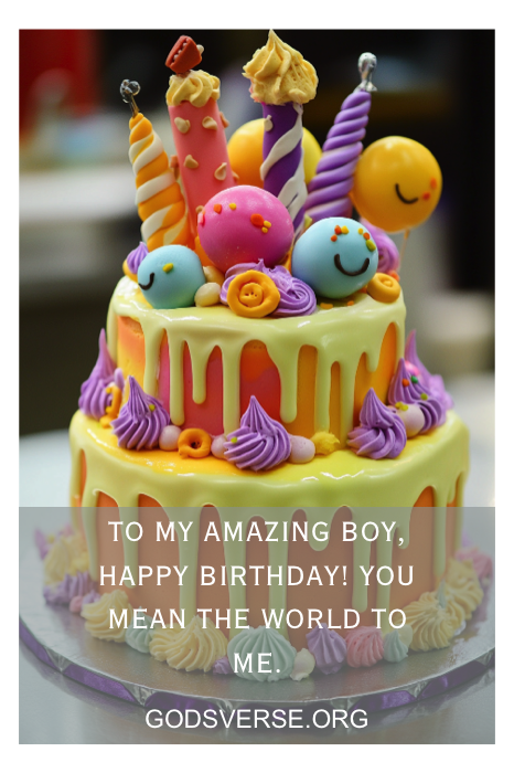 Bolo colorido de duas camadas com decorações divertidas e uma mensagem de aniversário com citações alegres para homens, perfeito para comemorar o dia especial de um menino.