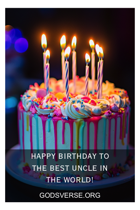 Um bolo de aniversário vibrante com velas. O texto diz: "Feliz aniversário para o melhor tio do mundo!" Perfeito para quem procura citações de aniversário sinceras para homens.
