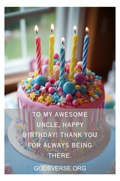 Um bolo de aniversário vibrante adornado com velas e uma mensagem sincera para um tio, capturando perfeitamente a essência das citações de aniversário para homens.