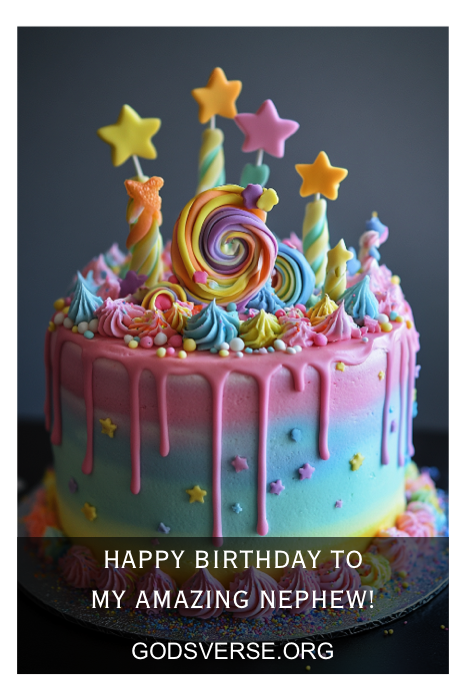Bolo de aniversário colorido com pirulito, estrelas e velas. O texto diz: "Feliz aniversário para meu sobrinho incrível! Comemore em grande estilo com vivas e citações de aniversário para homens tão maravilhosos quanto você.