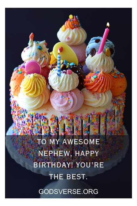 Um bolo de aniversário festivo adornado com decorações coloridas e velas, capturando perfeitamente a alegria do dia. Abaixo, uma mensagem sincera: "Para meu sobrinho incrível, feliz aniversário! Um brinde a mais um ano de aventuras". Um toque perfeito para quem busca citações de aniversário memoráveis para homens.
