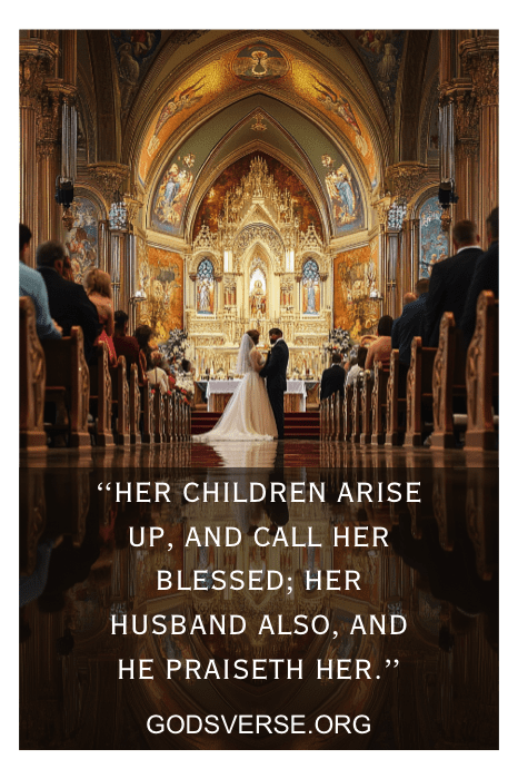 Una pareja ante el altar en una iglesia ornamentada, con un versículo bíblico sobre el amor y el matrimonio de la Biblia King James superpuesto a este momento sagrado.