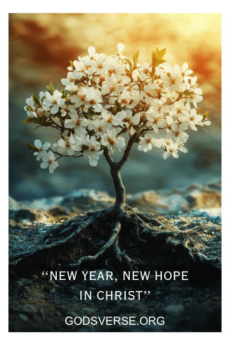 Uma pequena árvore com flores brancas e raízes expostas se ergue alta, como Church Sign Sayings for January. O texto diz: "Ano Novo, Nova Esperança em Cristo" e "GODSVERSE.ORG".