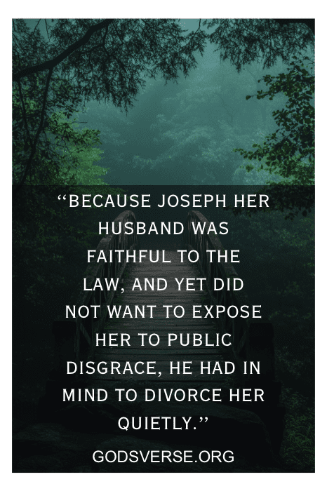 Texto em uma imagem em uma cena de floresta: "Porque José, seu marido, foi fiel à lei... para se divorciar dela discretamente". Versículos bíblicos sobre o divórcio.