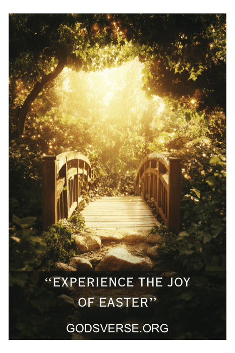 Uma ponte de madeira em uma floresta iluminada pelo sol com o texto: "Experimente a alegria da Páscoa" e "GODSVERSE.ORG". Descubra os inspiradores dizeres de placas de igreja para a primavera, enquanto a natureza desperta por toda parte.