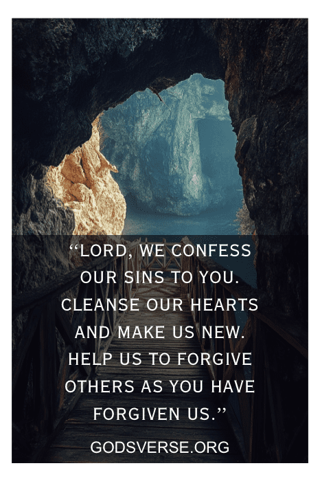 La vista de la entrada de la cueva, junto con una cita inspiradora sobre el perdón de Godsverse.org, invita a la introspección, como lo hace una oración para el servicio religioso, guiándonos hacia la paz y la renovación espiritual.
