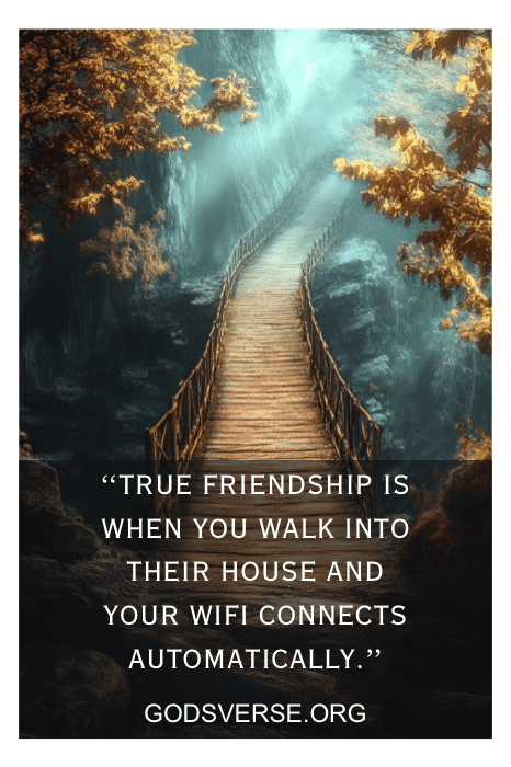 Uma ponte de madeira em uma floresta adornada com uma citação de Charles Swindoll sobre amizade e conectividade Wi-Fi, cortesia de "Godsverse.org".