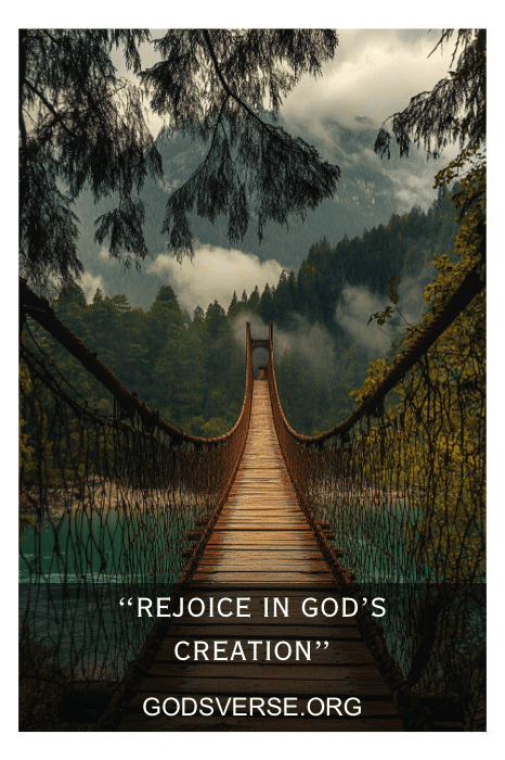 Ponte suspensa sobre uma floresta enevoada e montanhas com o texto "Rejoice in God's Creation" (Alegre-se com a criação de Deus) e "GODSVERSE.ORG", ecoando os dizeres dos sinais da igreja para a primavera.