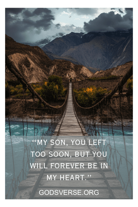 Un puente colgante atraviesa con gracia el río, con majestuosas montañas de fondo. Una sentida cita conmemorativa para los hijos adorna la escena, sirviendo como un conmovedor mensaje de pérdida y recuerdo.