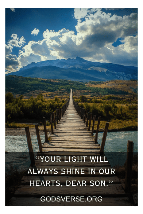 Un puente de madera conduce a las montañas bajo un cielo nublado, con un sentido mensaje en la parte inferior: un homenaje inspirado en conmovedoras citas conmemorativas para hijos.