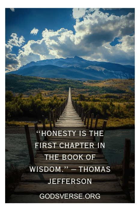 Un puente de madera que conduce a las montañas bajo un cielo nublado, adornado con una cita de Thomas Jefferson que reflexiona sobre la virtud de la honestidad, que recuerda las citas de hombres tramposos en busca de redención.