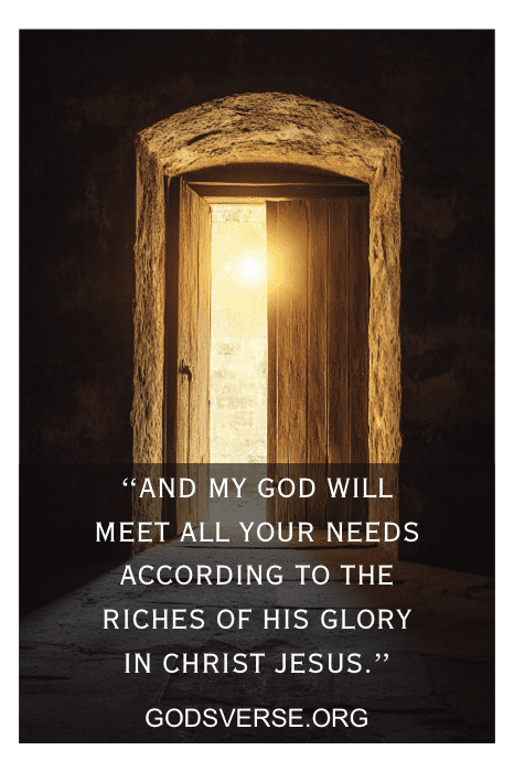 Una puerta de madera se abre a una luz brillante, adornada con un versículo bíblico sobre la provisión de Dios. Nos recuerda los reconfortantes versículos bíblicos para necesidades especiales, ofreciendo fuerza y esperanza en cada paso que damos.