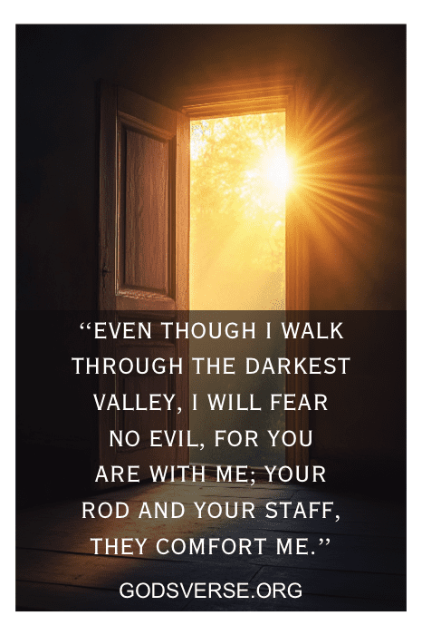En una habitación poco iluminada, una puerta abierta deja pasar la luz del sol, que aporta calidez al oscuro entorno. Sobre el Salmo 23:4 de la Biblia, aparece uno de los versículos bíblicos más poderosos sobre la fuerza y el valor.
