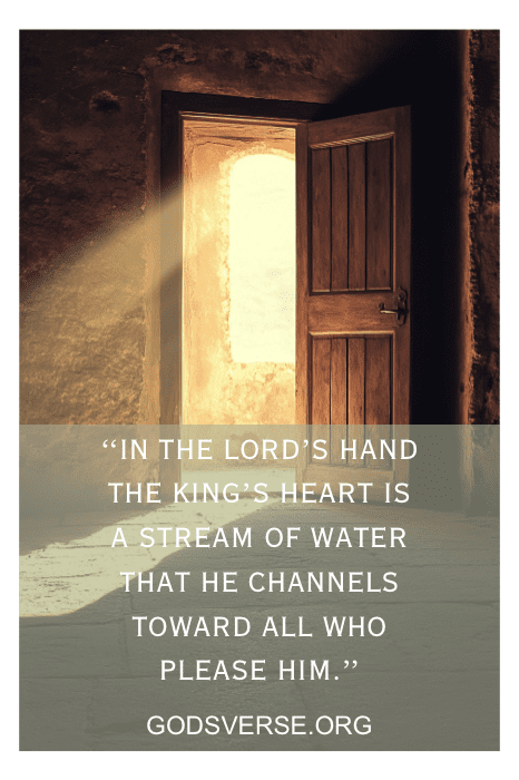 An open wooden door with sunlight streaming in, text overlay with a quote about the Lord and the king's heart, embracing timeless God and Country quotes.