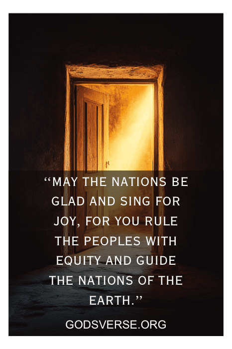 Open wooden door with warm light; text reads, "May the nations be glad..." from godsverse.org. Discover inspiring God and Country Quotes within.