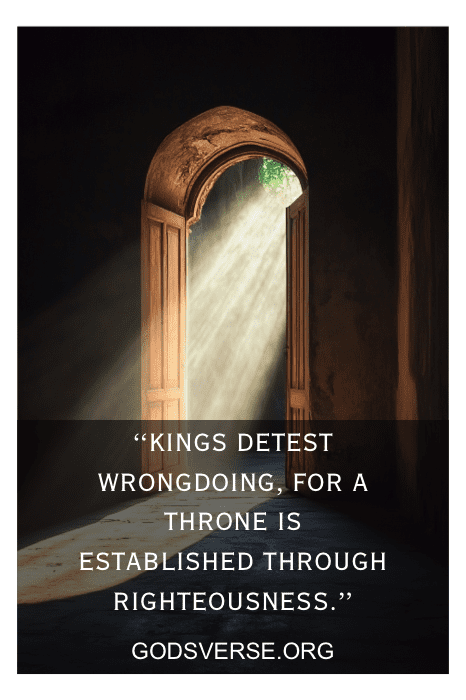 Sunlight streaming through an open door illuminates the text: "Kings detest wrongdoing..." with "God and Country Quotes" elegantly placed beside it, and "godsverse.org" subtly below.
