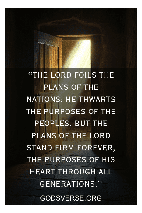 A door opens to light, casting a glow reminiscent of God and Country Quotes, revealing a Bible verse about God's eternal plans and purposes.