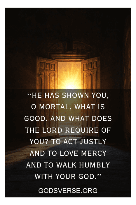 Open door with light shining through, displaying a powerful serving God quote about justice, mercy, and humility from Godsverse.org.