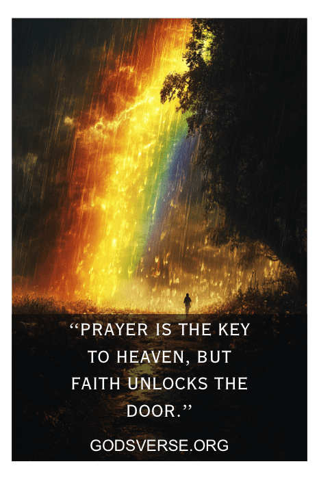 Silueta bajo un arco iris con texto: "La oración es la llave del cielo, pero la fe abre la puerta". Perfecto para aquellos que buscan citas de la iglesia para Instagram.