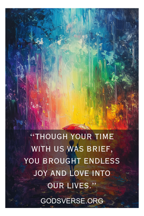 Un vibrante cuadro abstracto con una sentida cita conmemorativa sobre la alegría y el amor a pesar del breve tiempo que pasamos juntos, que capta la esencia de los preciados momentos compartidos.