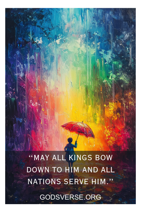 A vibrant painting of a person with an umbrella under the rain, with text that reads, "May all kings bow down to him," captures the essence of devotion. It subtly echoes God and Country quotes, reflecting reverence through art's vivid strokes.