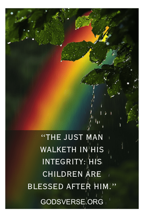 Folhas com chuva sobre um fundo de arco-íris apresentam uma citação inspiradora sobre integridade e bênçãos, tornando-a uma homenagem perfeita para o Christian Fathers Day Quotes.