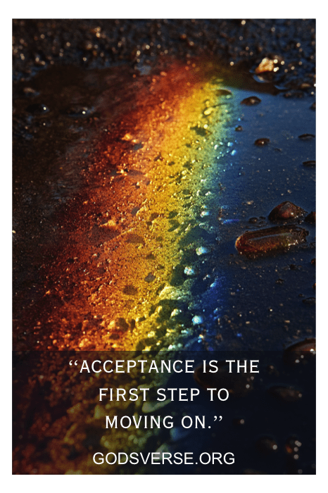 Derrame de aceite de arco iris con texto: "La aceptación es el primer paso para dejar atrás a los hombres infieles". - GODSVERSE.ORG.