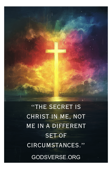Una cruz resplandeciente con nubes de colores y el texto "El secreto es Cristo en mí, no yo en un conjunto diferente de circunstancias", capta la esencia de las citas de devoción inspiradoras.