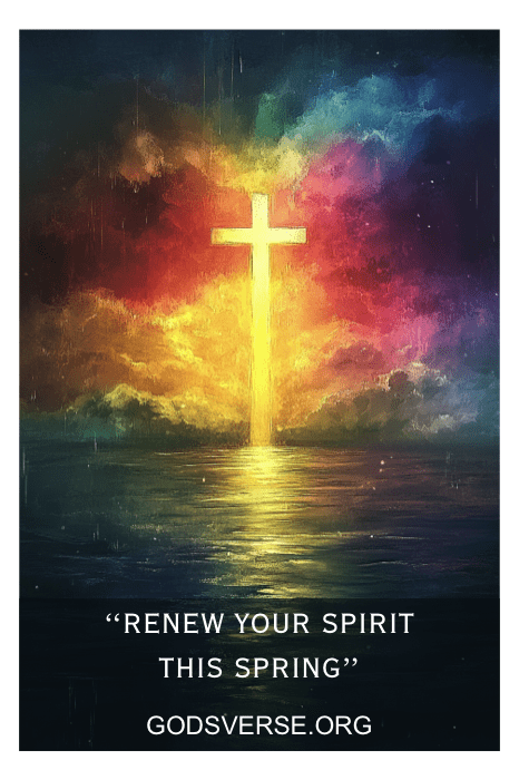 Uma cruz brilhante com nuvens coloridas sobre a água, o texto diz "Renew Your Spirit This Spring" (Renove seu espírito nesta primavera) e "Godsverse.org", ecoando a essência dos dizeres de sinais da igreja para a primavera.
